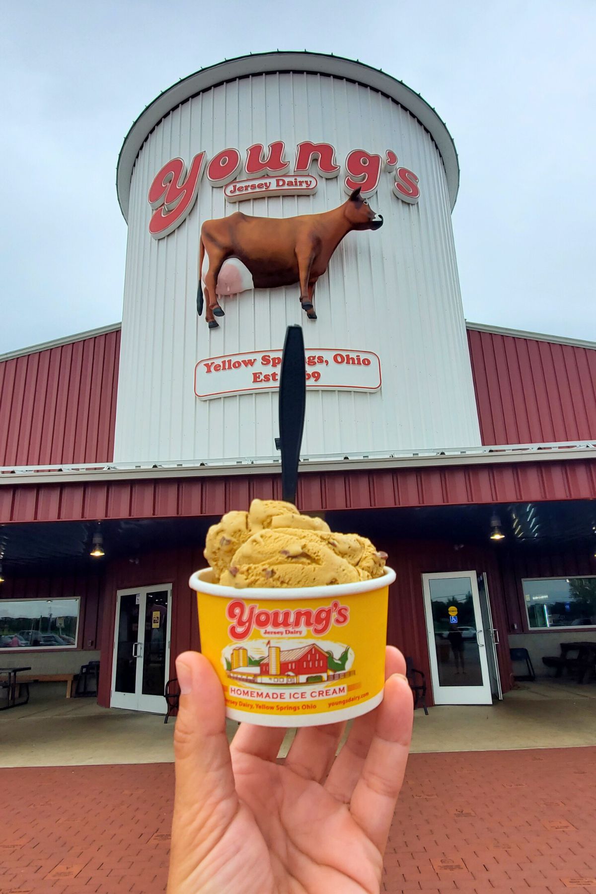 Young's Jersey Dairy building with a cow on it and holding a bowl of yellow peanut butter ice cream in front of building