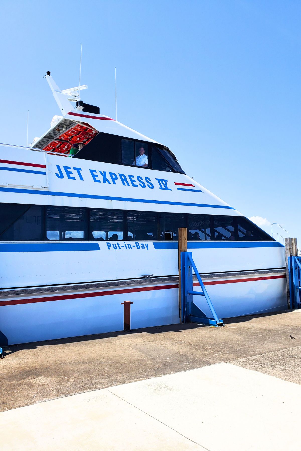 red white and blue Jet Express Boat at Put in Bay dock