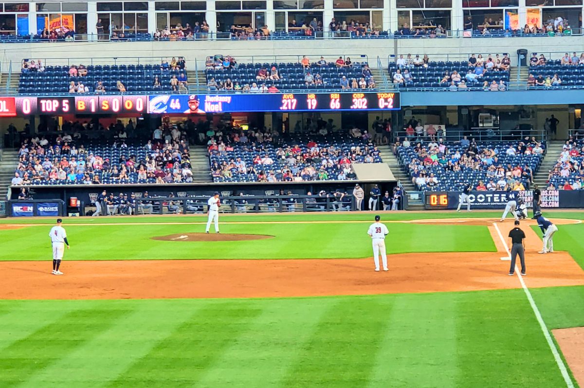 Mud Hens baseball players on baseball field at Progressive field