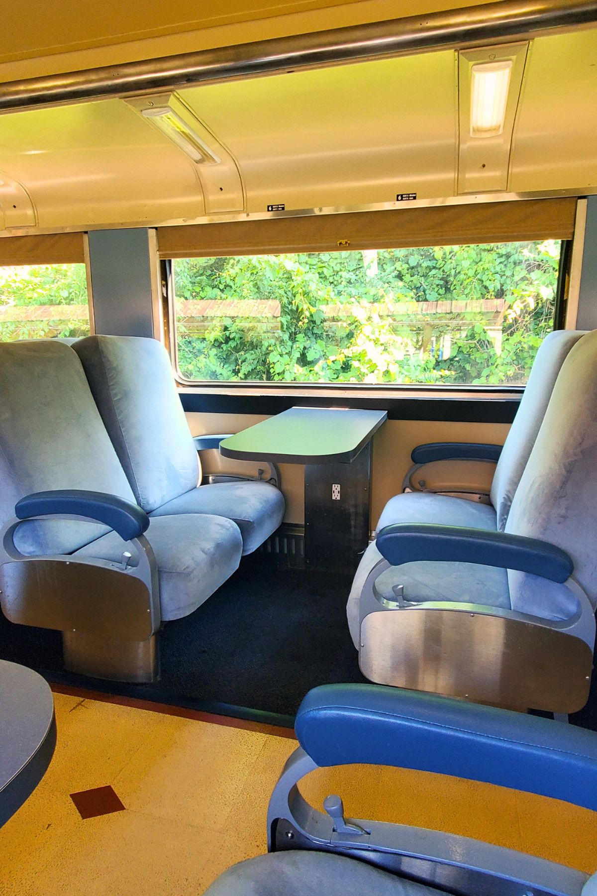 seats and table inside the train at Cuyahoga Falls, Ohio